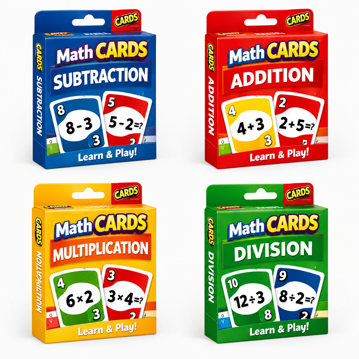 Four math operation boxes — Addition, Subtraction, Multiplication, Division