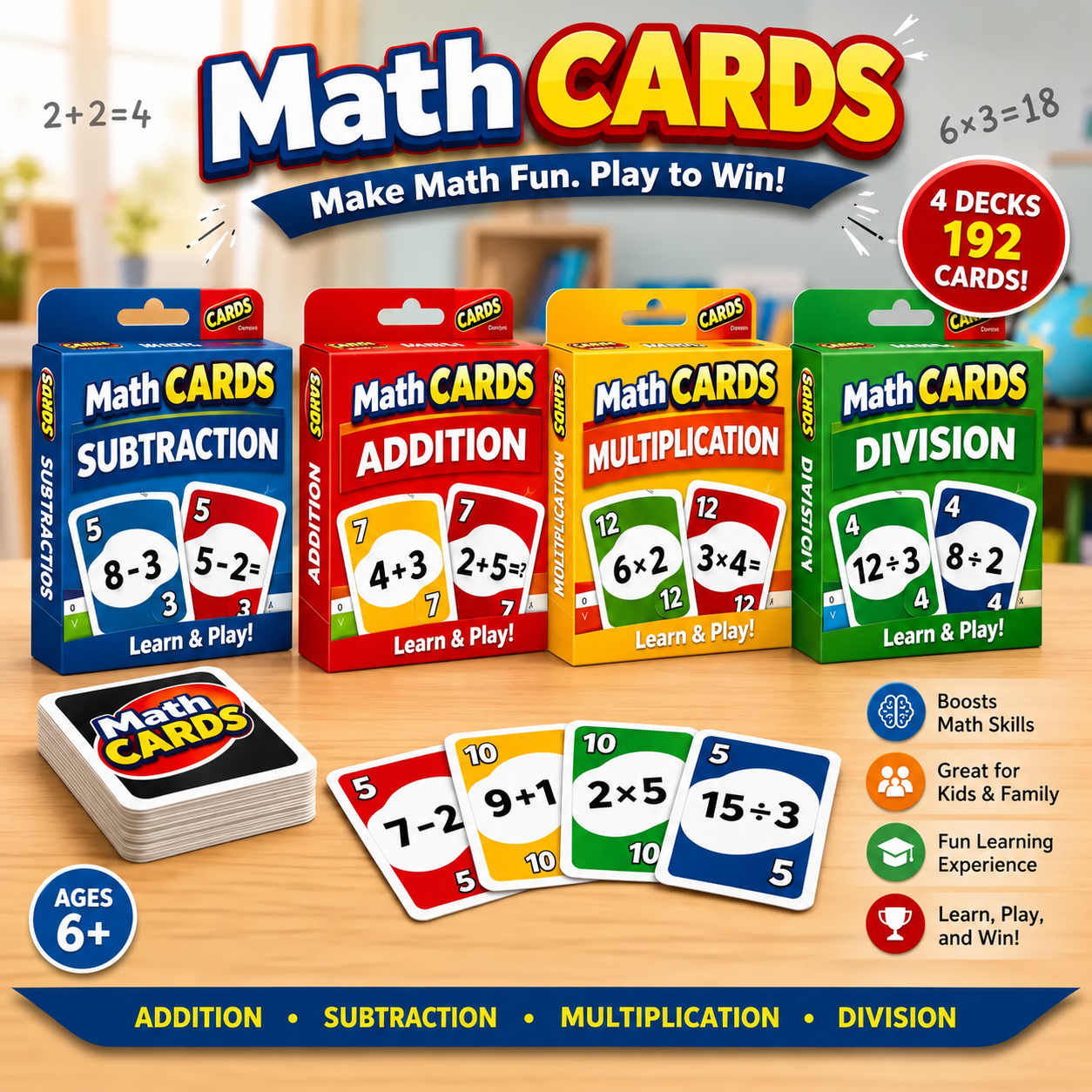 MATH CARDS — 4 decks, 192 cards