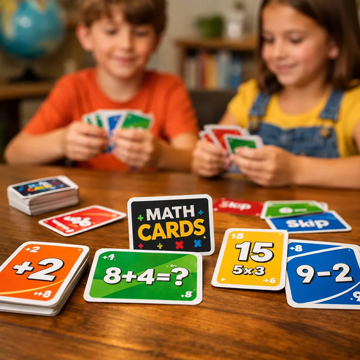 Children playing math card game at table